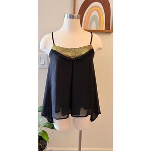 Mandee Cami Top Womens Size S Black Gold Sequin Chiffon‎ High Low Ruffle Party